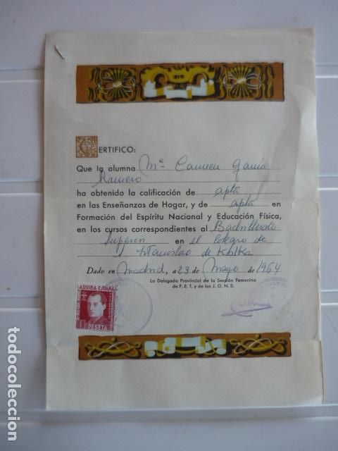 Coleccionismo: SECCI&Oacute;N FEMENINA 1964 TITULO CERTIFICADO ENSE&Ntilde;ANZAS HOGAR FORMACI&Oacute;N ESP&Iacute;RITU NACIONAL EDUCACI&Oacute;N FISI