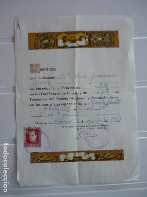 Coleccionismo: SECCI&Oacute;N FEMENINA 1961 TITULO CERTIFICADO ENSE&Ntilde;ANZAS HOGAR FORMACI&Oacute;N ESP&Iacute;RITU NACIONAL EDUCACI&Oacute;N FISI