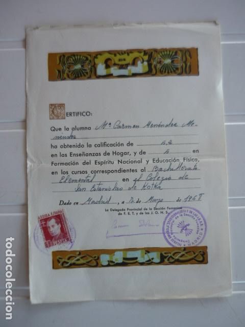 Coleccionismo: SECCI&Oacute;N FEMENINA 1958 TITULO CERTIFICADO ENSE&Ntilde;ANZAS HOGAR FORMACI&Oacute;N ESP&Iacute;RITU NACIONAL EDUCACI&Oacute;N FISI