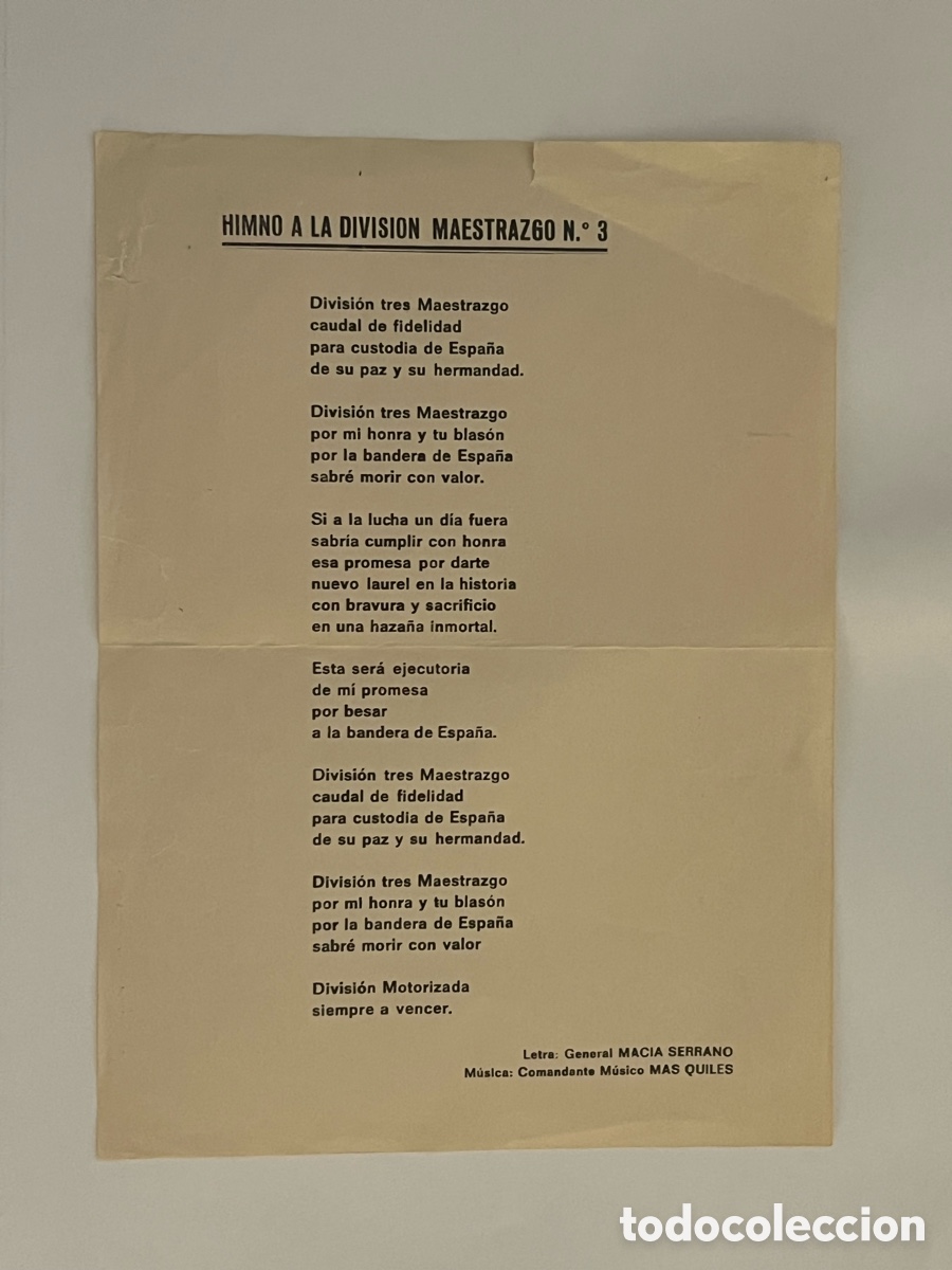 Coleccionismo: HIMNO A LA DIVISION MAESTRAZGO N.&deg; 3 - Letra: General MACIA SERRANO. M&uacute;sica: Comandante..