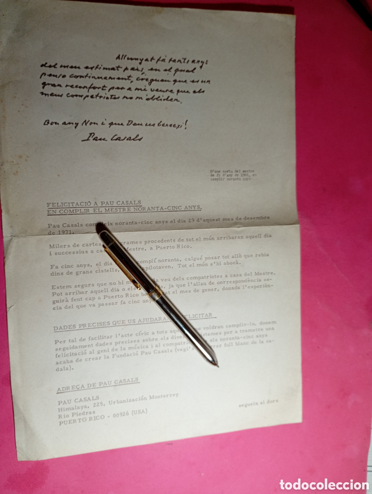 Coleccionismo: CARTA CON INDICACIONAES PARA FELICITAR MASIVAMNETE LOS 95 A&Ntilde;OS DE PAU CASALS (EN CATAL&Agrave;)