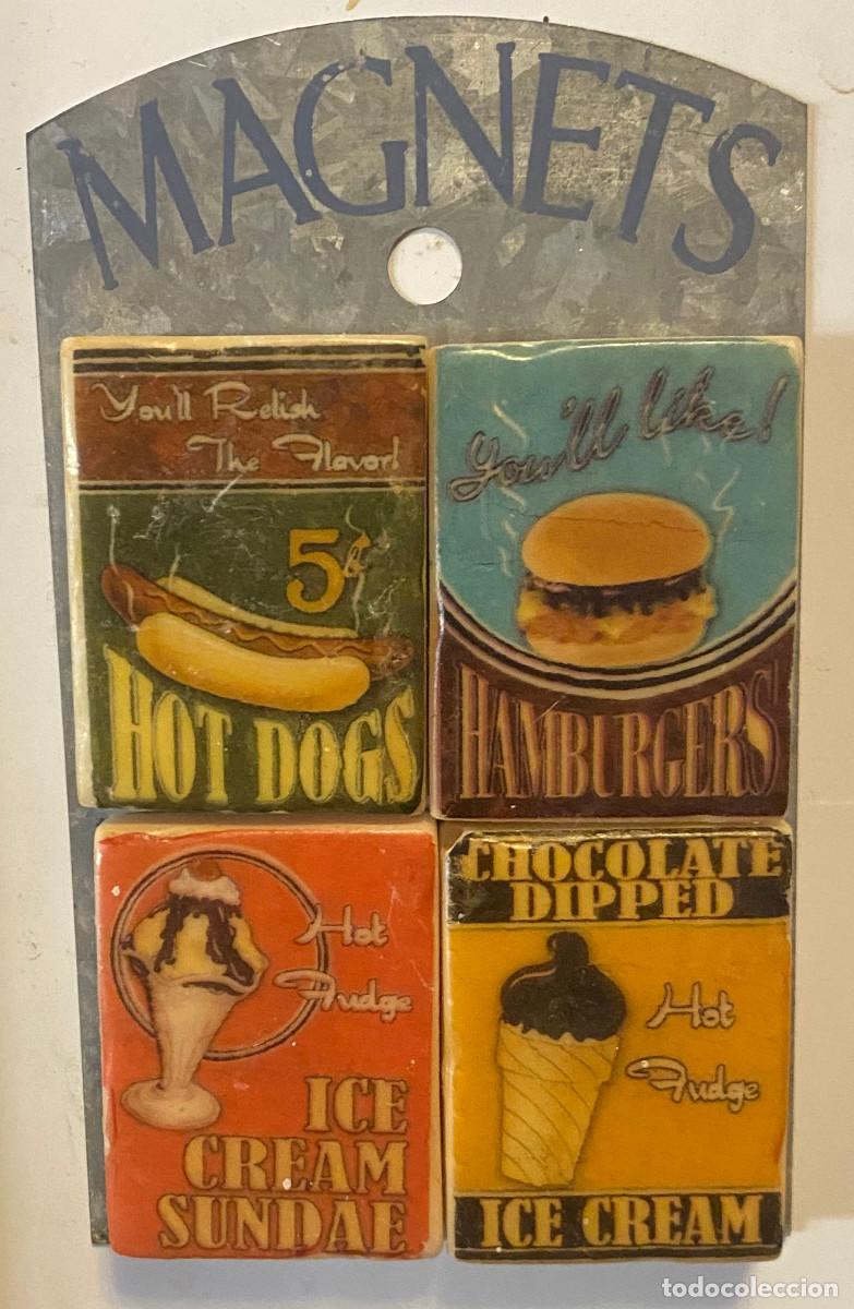 Coleccionismo: Im&aacute;n para el frigor&iacute;fico compuesto de 4 imanes que se separan. Souvenir de USA, comidas. Buen estado