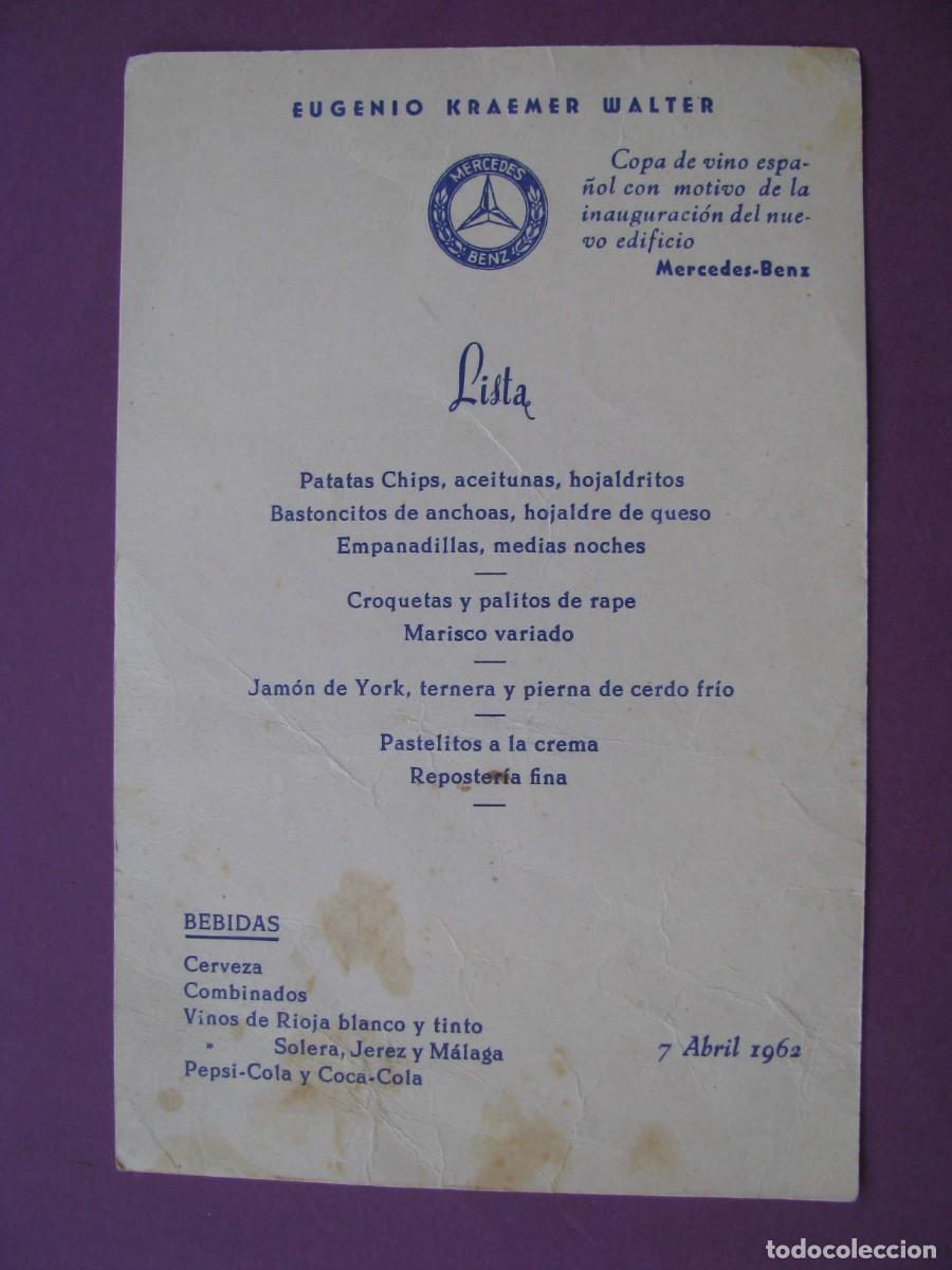 Coleccionismo: MENU, INAUGURACION DEL EDIFICIO MERCEDES BENZ. EUGENIO KRAEMER WALTER, 1962. MELILLA?