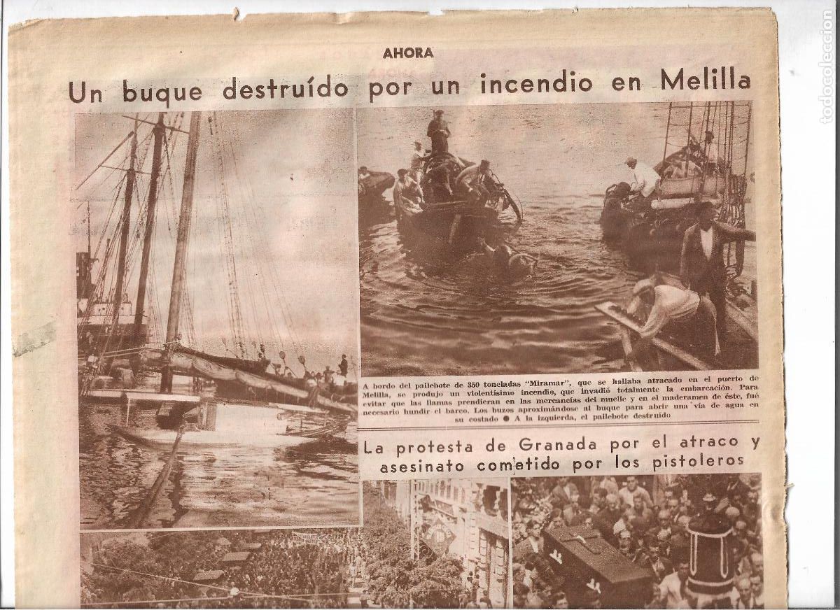 Coleccionismo: A&Ntilde;O 1933 RECORTE PRENSA MELILLA DESTRUCCION BUQUE MIRAMAR POR UN INCENDIO BUZOS