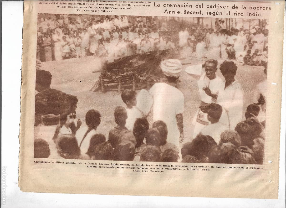 Coleccionismo: A&Ntilde;O 1933 RECORTE PRENSA MUERTE ENTIERRO DOCTORA ANNIE BESANT CREMACION CADAVER SEGUN EL RITO INDIO