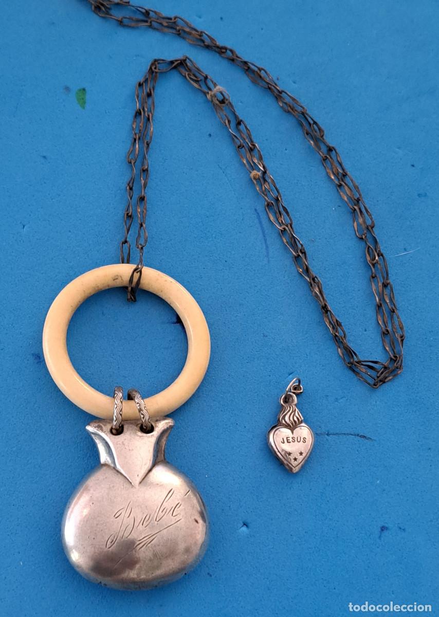 Coleccionismo: ANTIGUO SONAJERO DE BEB&Eacute; Y CORAZ&Oacute;N DE JES&Uacute;S y MAR&Iacute;A - ALPACA O PLATA