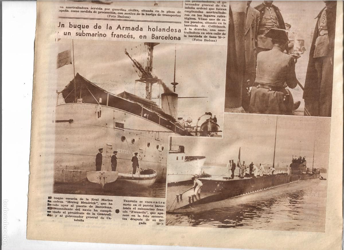 Coleccionismo: A&Ntilde;O 1933 RECORTE PRENSA LLEGADA AL PUERTO DE BARCELONA DEL SUBMARINO FRANCES FRESNEILS