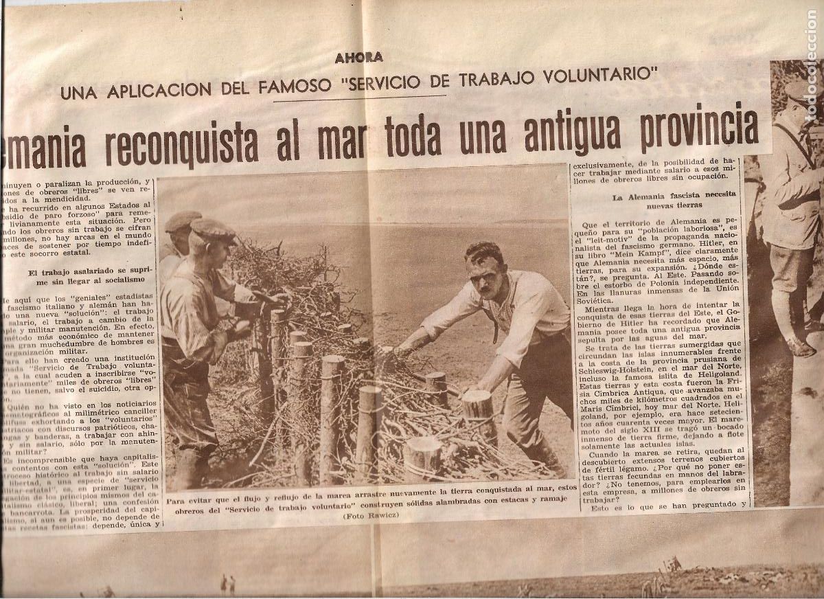 Coleccionismo: 1933 RECORTE PRENSA ALEMANIA SERVICIO TRABAJO VOLUNTARIO RECONQUISTA AL MAR ANTIGUA FRISIA CIMBRICA