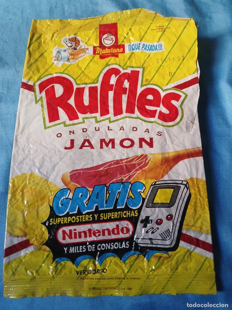 Coleccionismo: Antiguo envoltorio paquete patatas ruffles jamon matutano promoci&oacute;n Nintendo s&uacute;per Mario gameboy