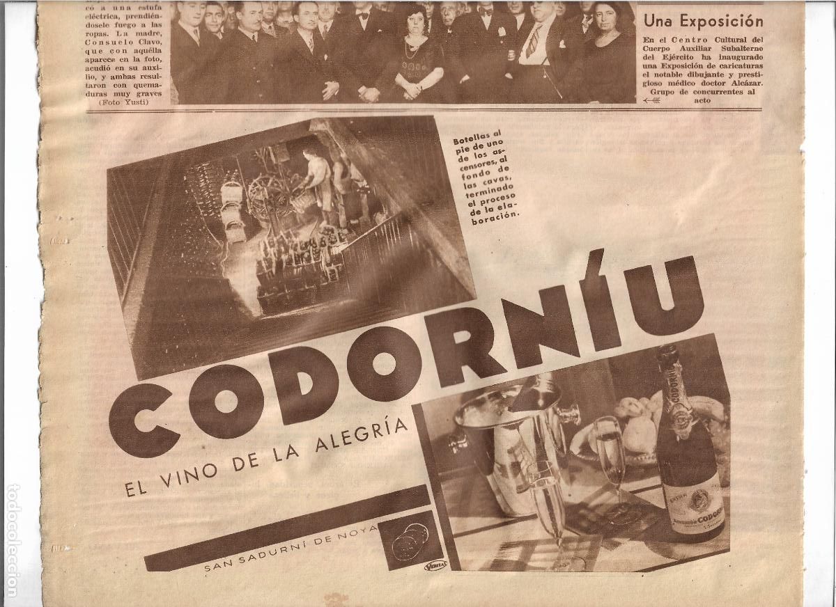 Coleccionismo: A&Ntilde;O 1933 RECORTE PRENSA PUBLICIDAD BEBIDAS CODORNIU CAVA PROCESO ELABORACION VINO DE LA ALEGRIA