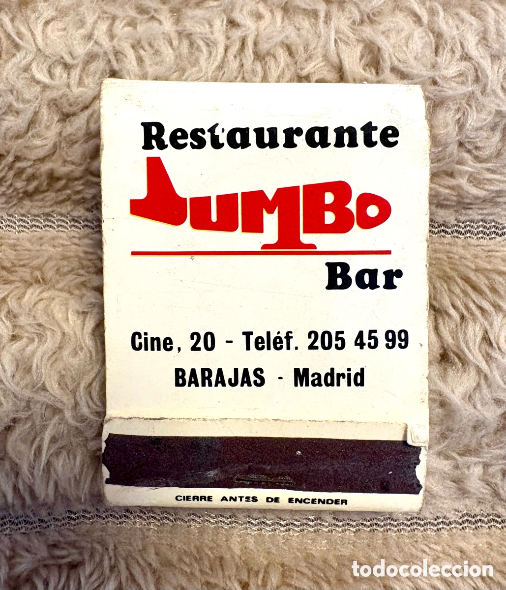 Coleccionismo: Carterita Cerillas Antigua Restaurante Bar JUMBO Barajas (Madrid) - Con Ilustraci&oacute;n Retro. A&ntilde;os 80