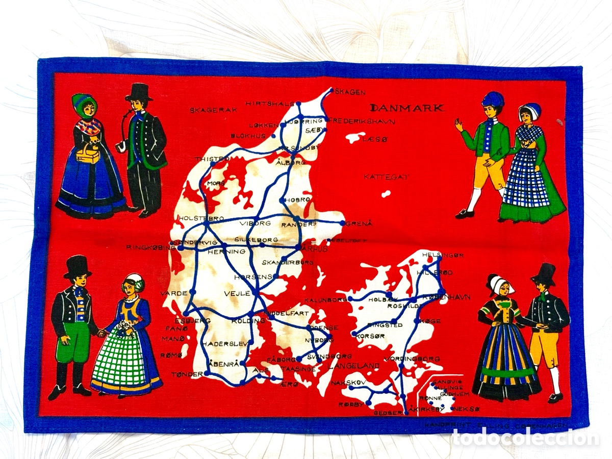 Coleccionismo: Tapiz Mapa Dinamarca Vintage &rdquo;Handprint Elling Copenhagen&rdquo; - 100% Algod&oacute;n - Made in Denmark