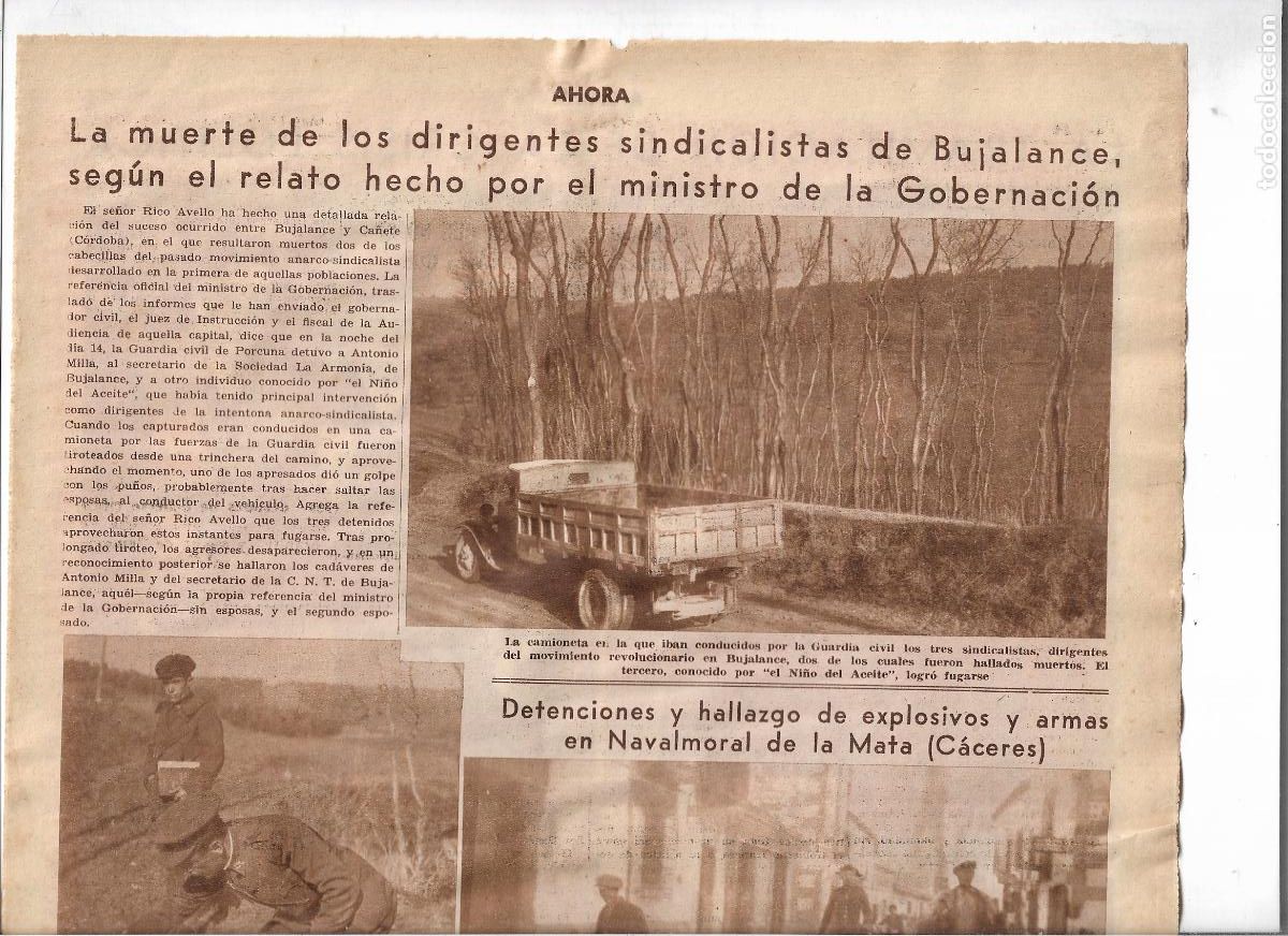 Coleccionismo: A&Ntilde;O 1933 RECORTE PRENS MUERTE DIRIGENTES SINDICALISTAS DE BUJALANCE EL NI&Ntilde;O DEL ACEITE LOGRO FUGARSE