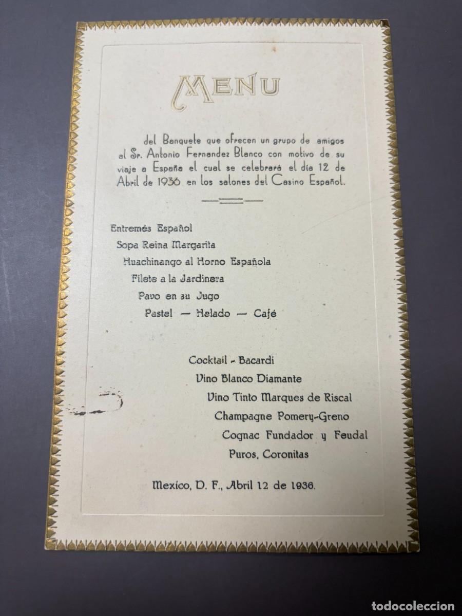Coleccionismo: MEN&Uacute; DE BANQUETE DE REUNI&Oacute;N DE AMIGOS CON MOTIVO DE VIAJE A ESPA&Ntilde;A. CASINO ESPA&Ntilde;OL. 1936