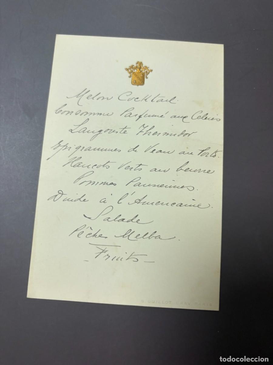 Coleccionismo: ANTIGUO MEN&Uacute; FRANC&Eacute;S MANUSCRITO CON ESCUDO NOBILIARIO DORADO
