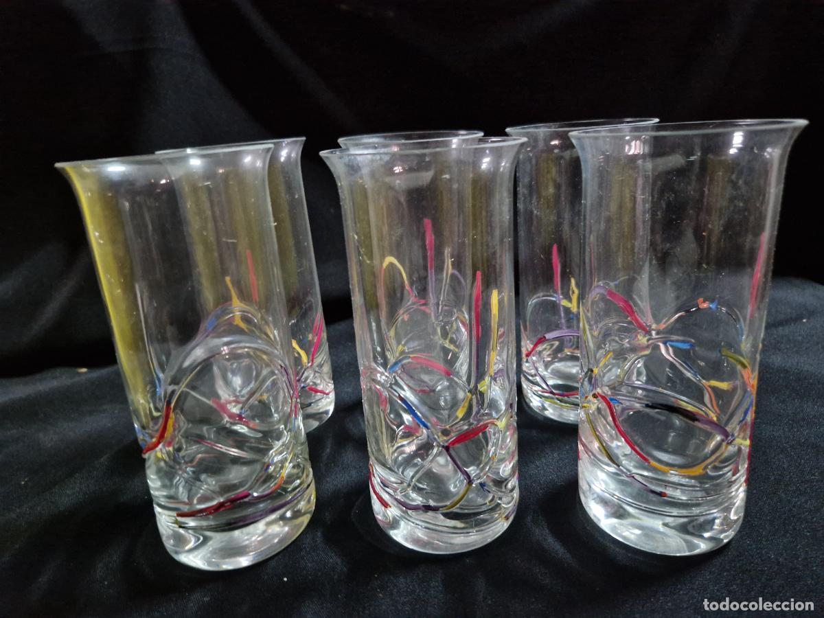 Coleccionismo: 6 BONITOS VASOS DE CRISTAL DE RAYAS COLORIDAS.MEDIDA 15*7