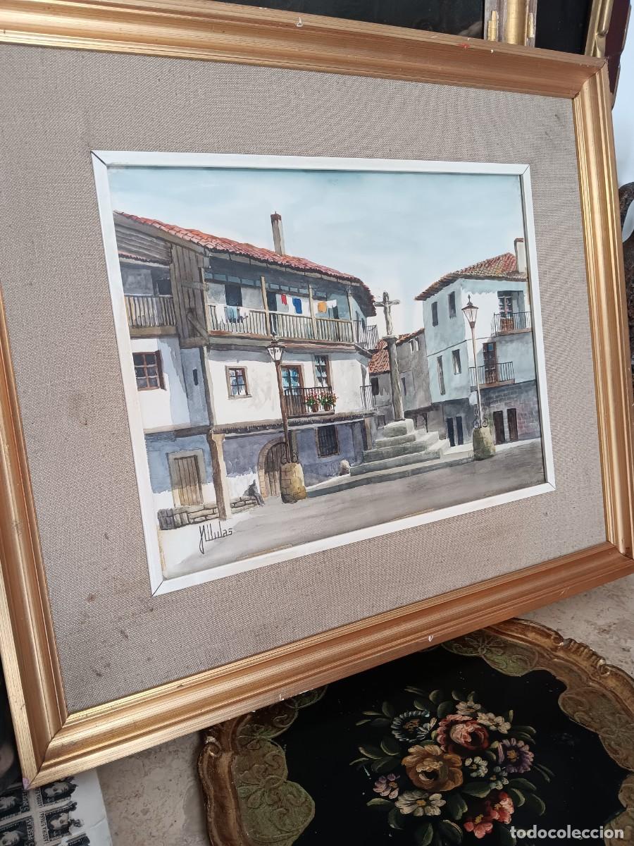 Coleccionismo: acuarela original enmarcada que representa una calle tradicional de un pueblo rural espa&ntilde;ol con un c