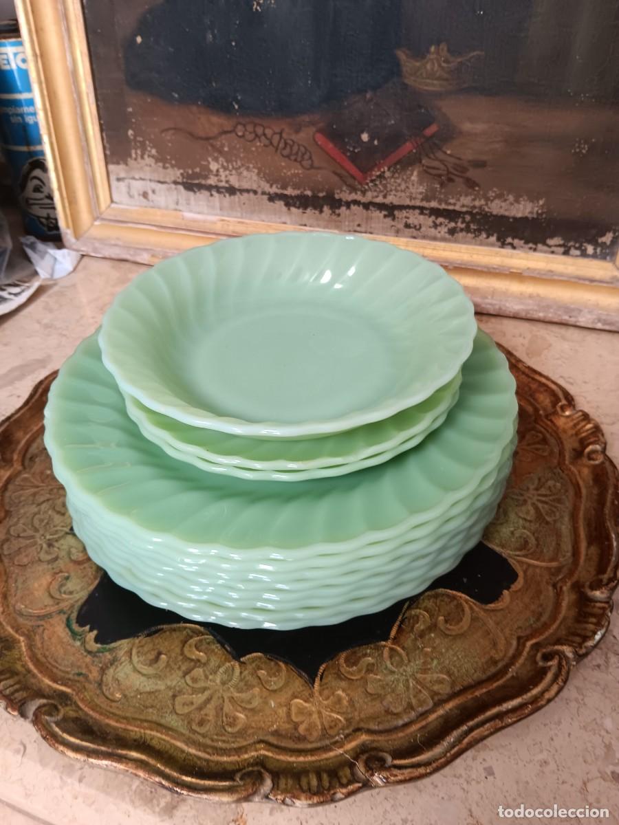 Coleccionismo: juego de platos vintage Fire-King Jadeite Shell (Swirl) de Anchor Hocking en vidrio verde jade con u