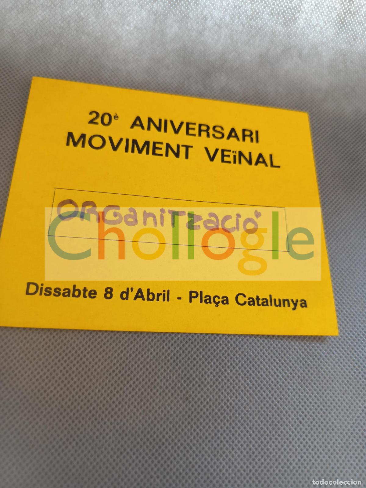 Coleccionismo: Pase Credencial 20 Aniversari Moviment Veinal FAVB P&ccedil;a Cataluna Barcelona Organitzaci&oacute;