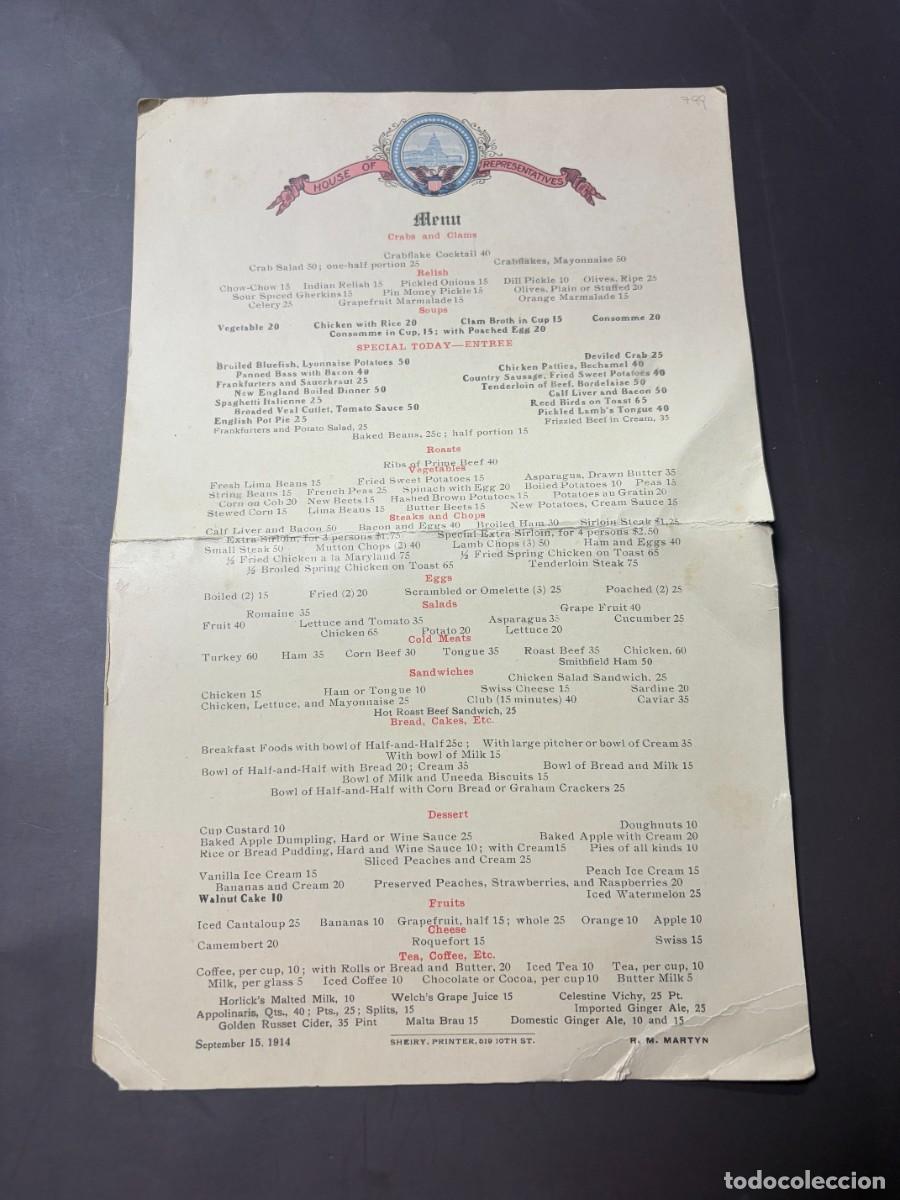 Coleccionismo: ANTIGUO MEN&Uacute; DE LA C&Aacute;MARA DE REPRESENTANTES DE ESTADOS UNIDOS &ndash; WASHINGTON 1914