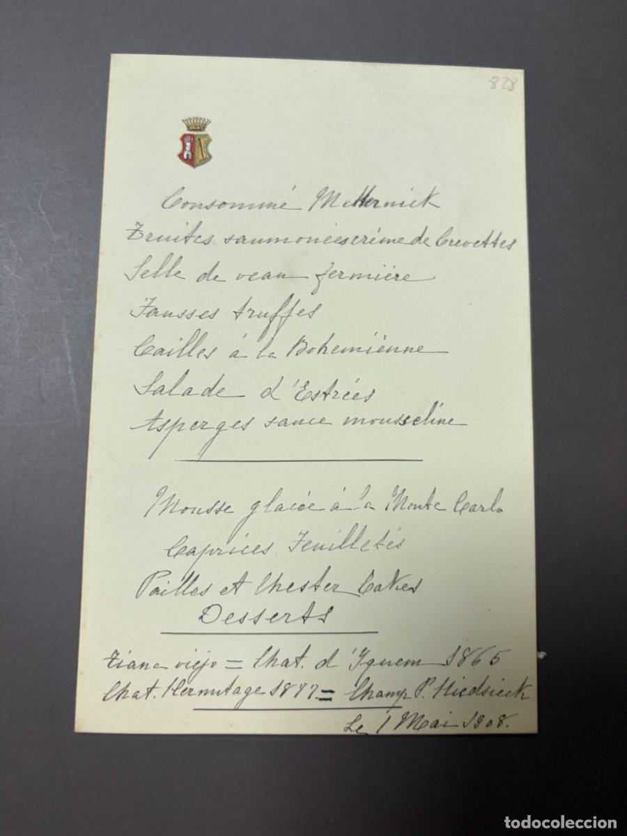 Coleccionismo: ANTIGUO MEN&Uacute; MANUSCRITO EN FRANC&Eacute;S CON ESCUDO HER&Aacute;LDICO &ndash; 1 DE MAYO DE 1908