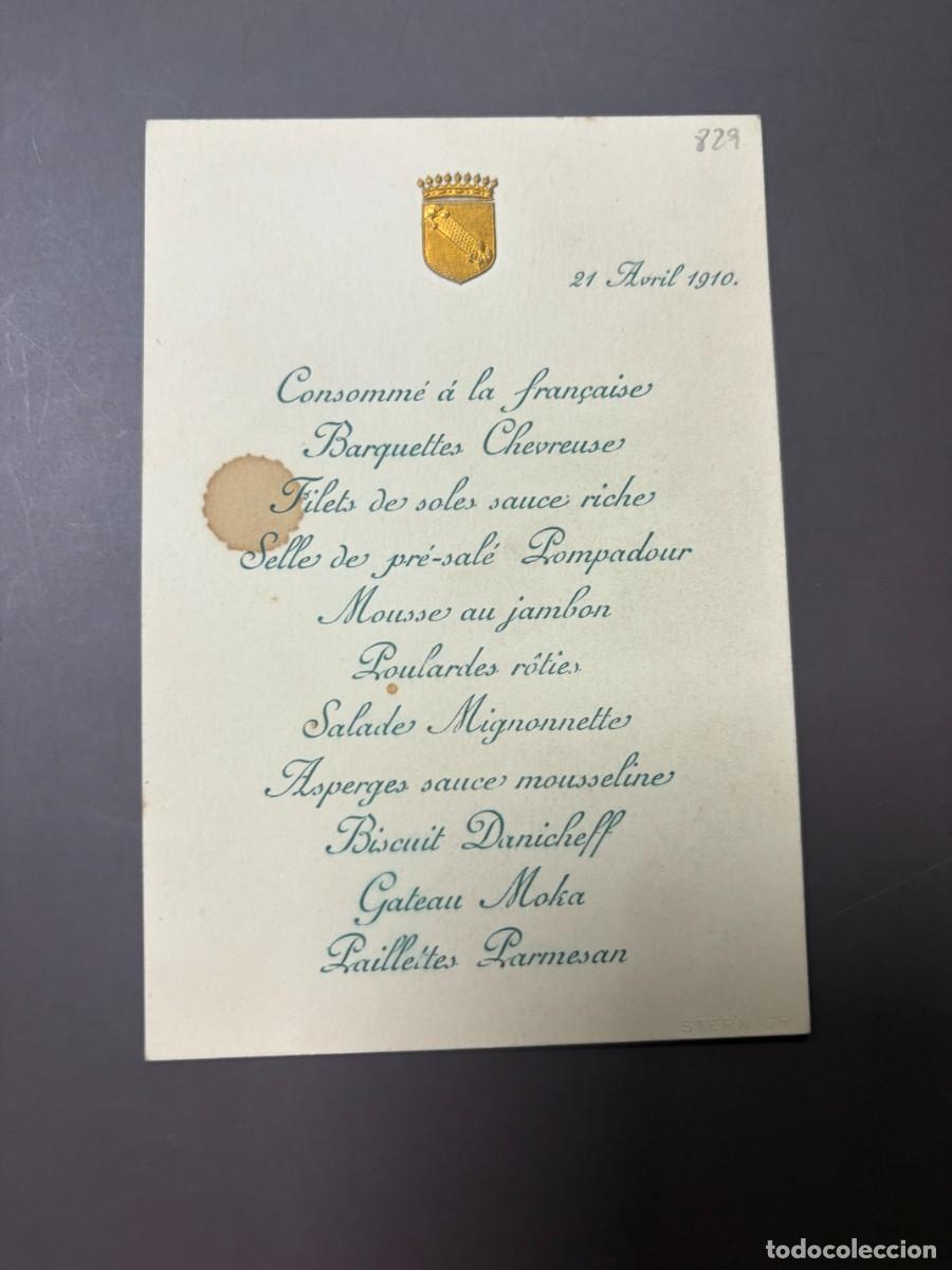 Coleccionismo: ANTIGUO MEN&Uacute; FRANC&Eacute;S CON ESCUDO HER&Aacute;LDICO DORADO &ndash; 21 DE ABRIL DE 1910