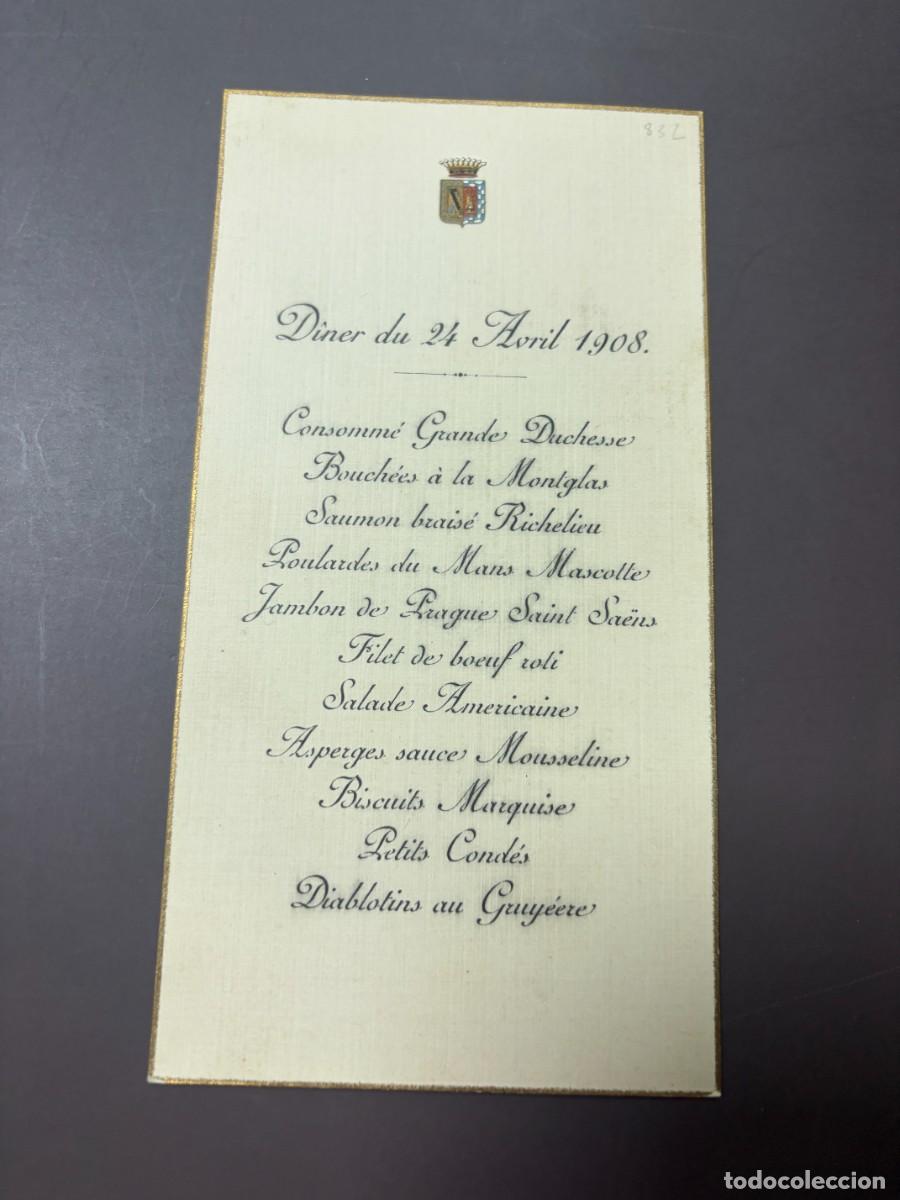 Coleccionismo: ANTIGUO MEN&Uacute; FRANC&Eacute;S DE CENA CON ESCUDO NOBILIARIO &ndash; 24 DE ABRIL DE 1908