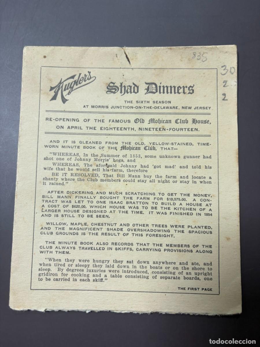 Collecting paper: ANTIGUO MEN&Uacute; DESPLEGABLE KUGLER&rsquo;S SHAD DINNERS &ndash; OLD MOHICAN CLUB HOUSE, NUEVA JERSEY &ndash; 1914