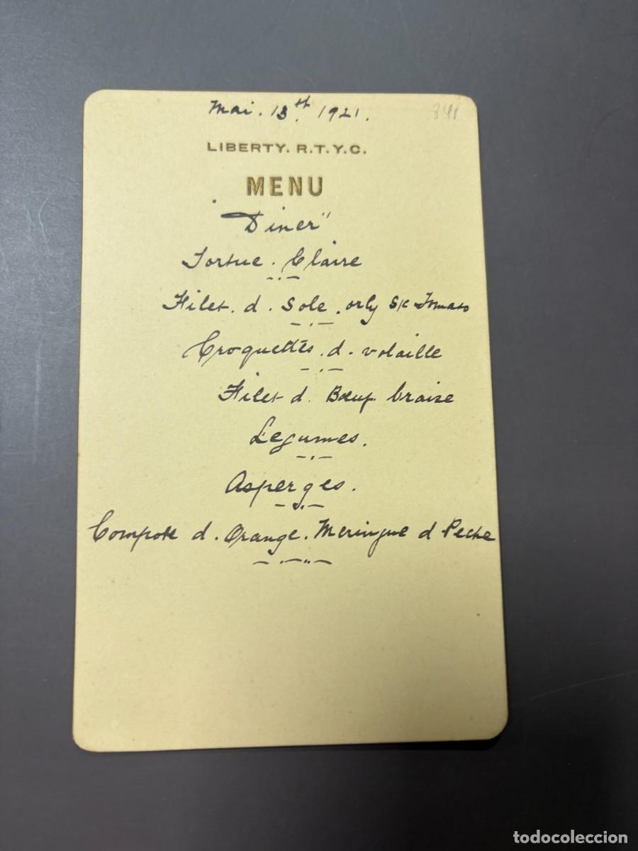 Coleccionismo: ANTIGUO MEN&Uacute; MANUSCRITO DEL YATE LIBERTY &ndash; ROYAL THAMES YACHT CLUB &ndash; 13 DE MAYO DE 1921
