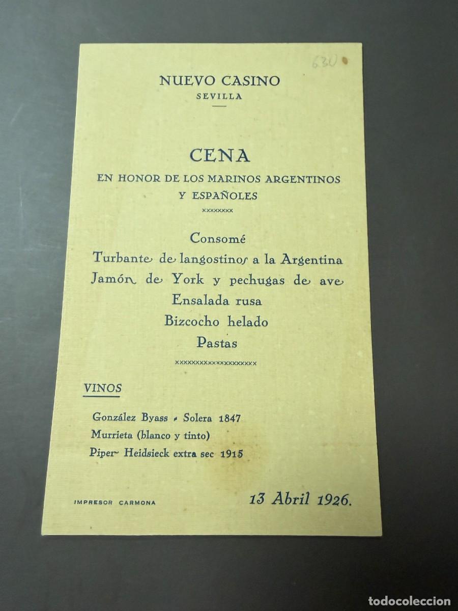 Coleccionismo: ANTIGUO MEN&Uacute; CENA HOMENAJE A MARINOS ARGENTINOS Y ESPA&Ntilde;OLES &ndash; NUEVO CASINO SEVILLA &ndash; 1926