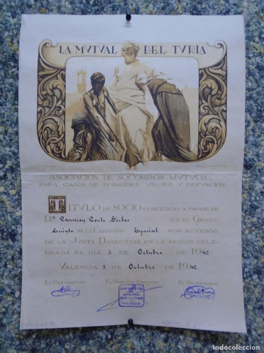 Coleccionismo: LA MUTUAL DEL TURIA.TITULO DE SOCIO,VALENCIA 1942.ILUSTRACION DE ARTURO BALLESTER.MIDE 48X34 CM.