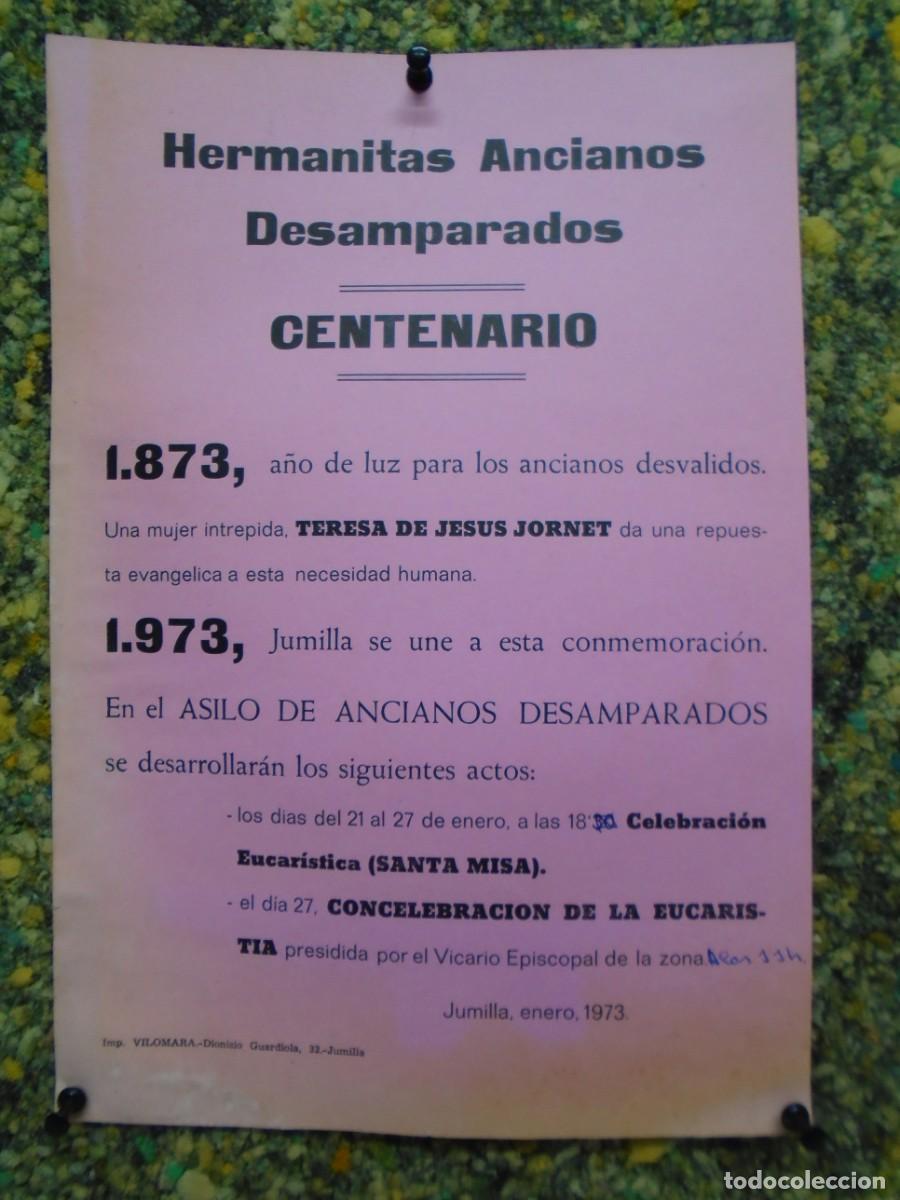 Coleccionismo: JUMILLA(MURCIA)HERMANITAS ANCIANOS DESAMPARADOS.CENTENARIO.CARTEL 1973.
