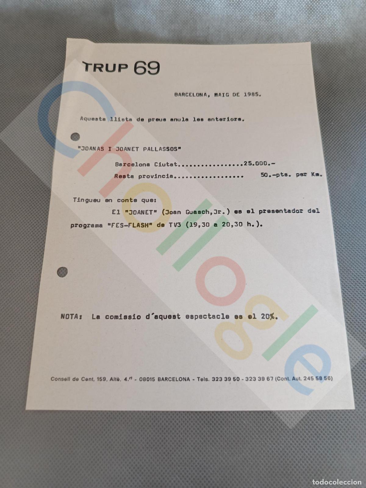 Coleccionismo: carta de precios Trup 69 pallassos 1985