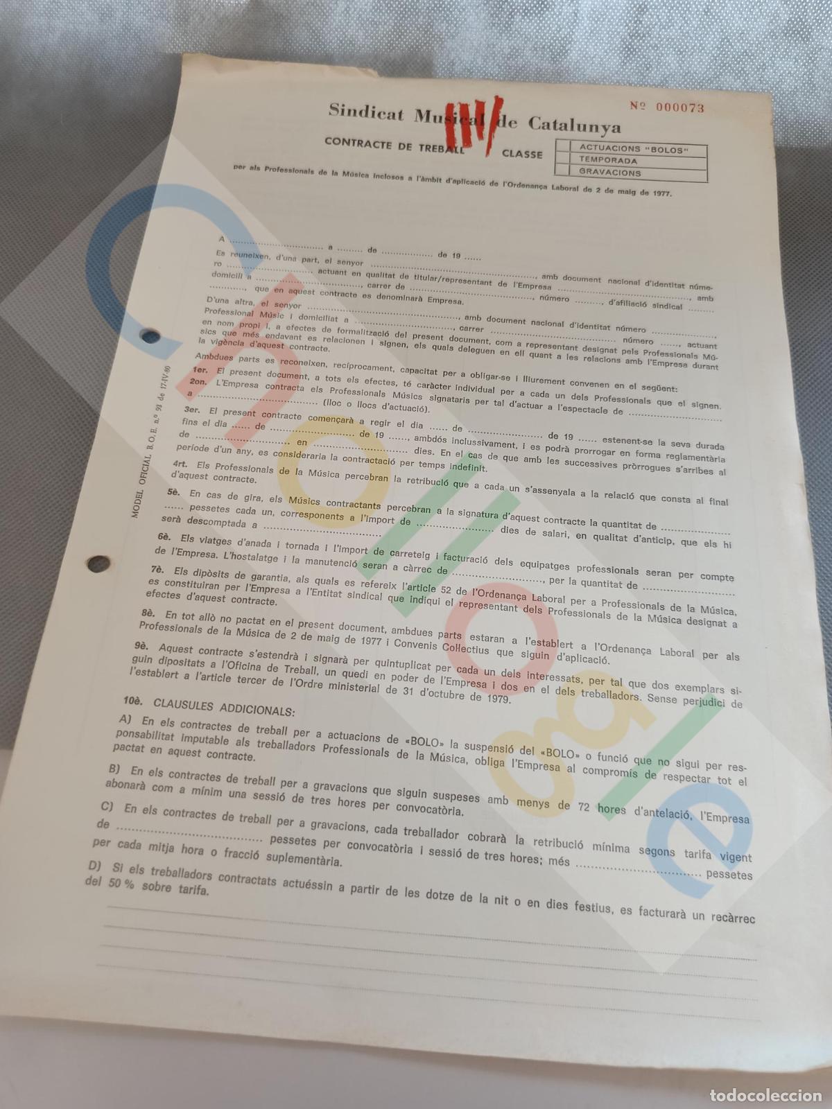 Coleccionismo: Sindicat Musical de Catalunya Contracte de Treball 4 hojas 1977 vacio