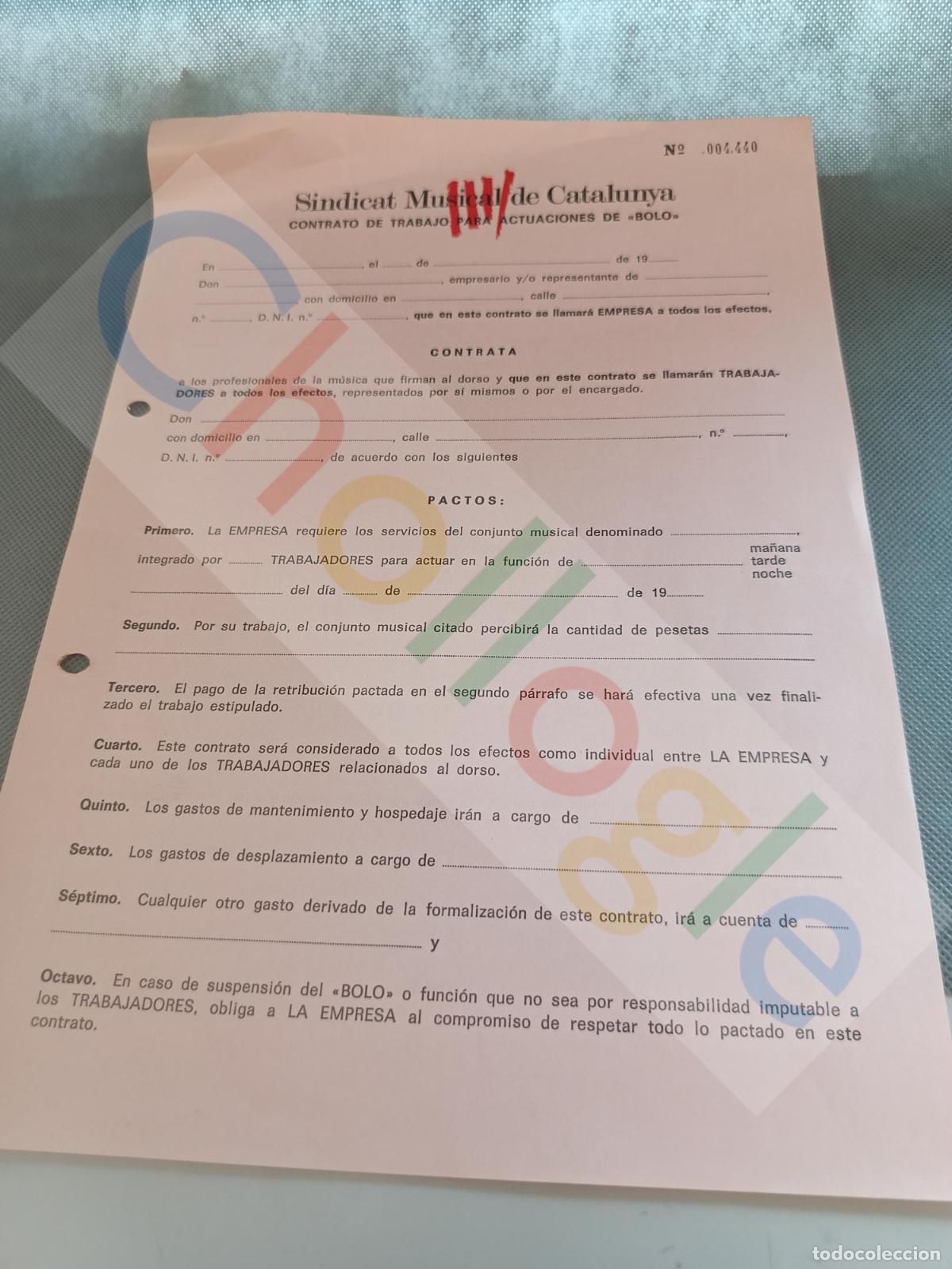 Coleccionismo: &rdquo;Sindicat Musical de Catalunya Contracto de trabajo para actuaciones de &rdquo;&rdquo; bolo &rdquo;&rdquo; vacio&rdquo;