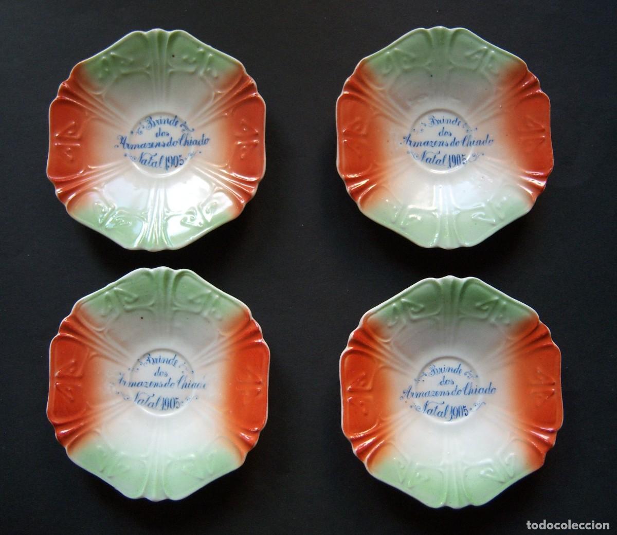 Coleccionismo: 4 platos conmemorativos Grandes Armaz&eacute;ns do Chiado, Lisboa, regalo navidad 1905, 10,5 cm di&aacute;metro