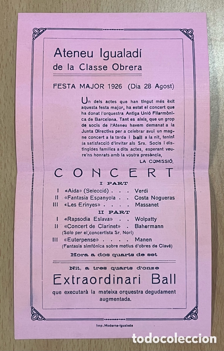Collectionnisme: ATENEU IGUALADI DE LA CLASE OBRERA - FESTA MAJOR 1926 - CONCERT I BALL