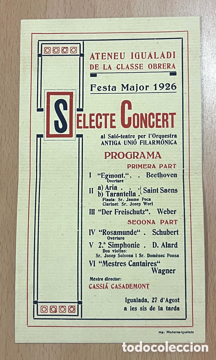 Coleccionismo: ATENEU IGUALADI DE LA CLASE OBRERA - FESTA MAJOR 1926 - L'ORQUETRA ANTIGA UNI&Oacute; FILARM&Oacute;NICA