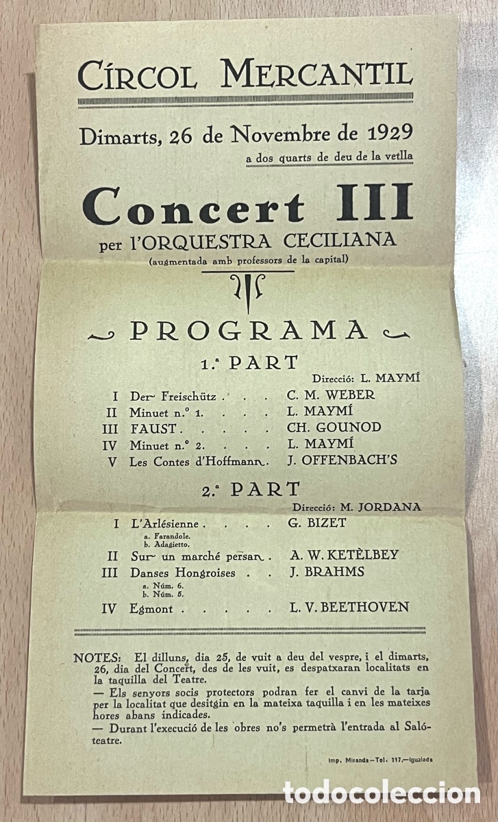 Coleccionismo: C&Iacute;RCOL MERCANTIL, CONCERT III PER L'ORQUESTRA CECILIANA - NOVEMBRE 1929 - IGUALADA