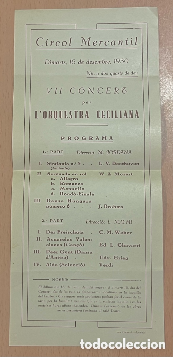 Coleccionismo: C&Iacute;RCOL MERCANTIL, VII CONCERT PER L'ORQUESTRA CECILIANA, DESEMBRE 1930 - IGUALADA