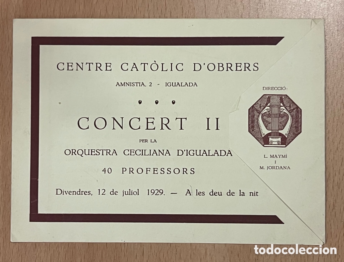 Coleccionismo: CENTRE CAT&Ograve;LIC D'OBRERS, CONCERT II, PER LA ORQUESTRA CECILIANA D'IGUALADA, JULIOL 1929