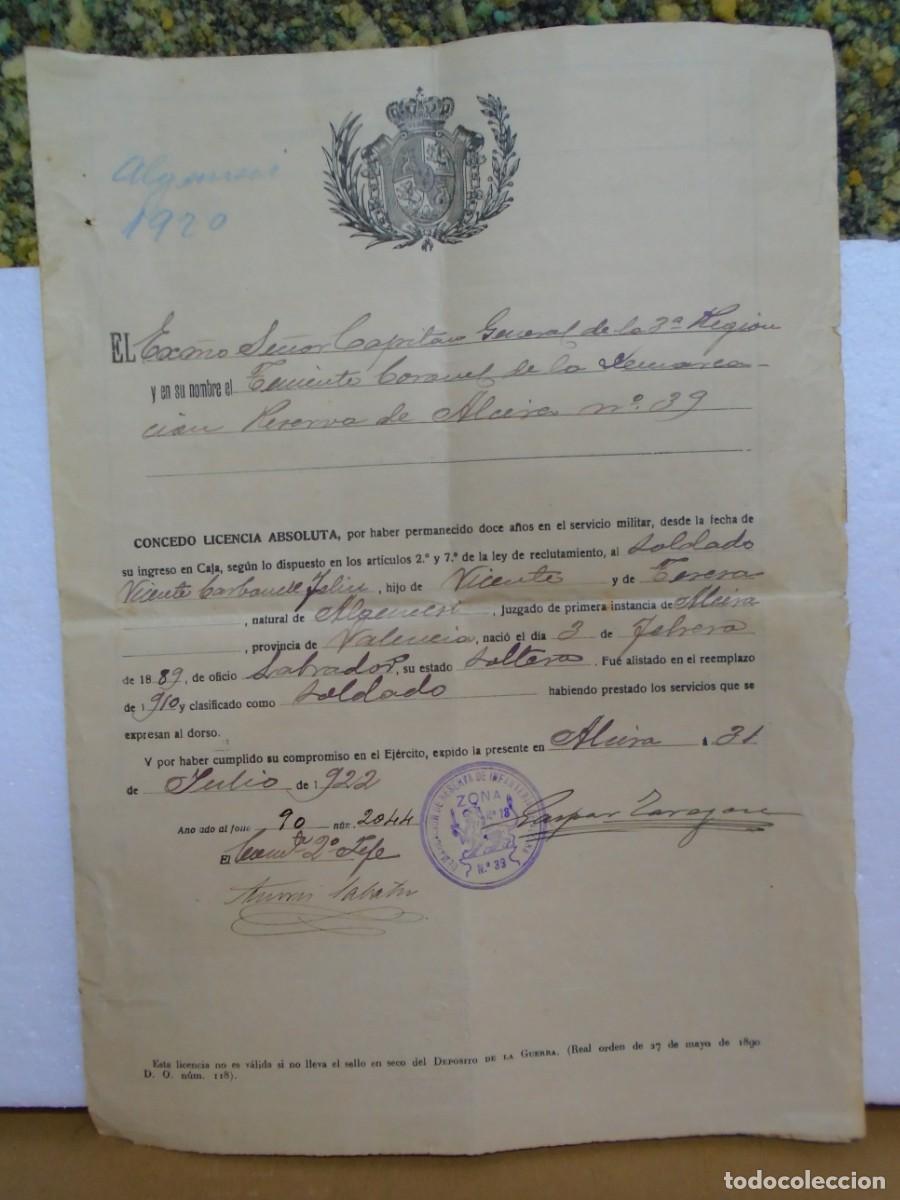 Coleccionismo: DEMARCACION DE RESERVA DE INFANTERIA DE ALCIRA N&ordm; 39.LICENCIA ABSOLUTA SOLDADO ALGEMESI 1922.