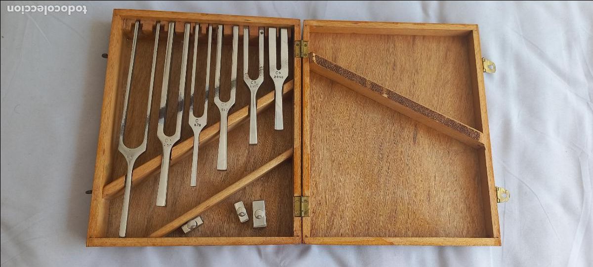 Coleccionismo: Juego diapasones de metal en caja de madera.