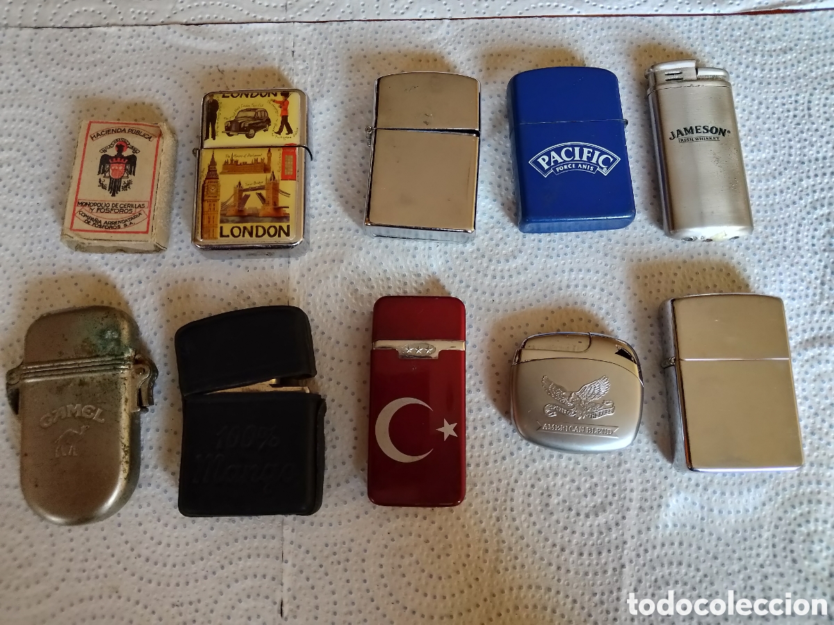 Coleccionismo: Lote de 9 Encendedores Antiguos y Caja de Cerillas Vintage &ndash; Incluye Zippo Originales y Camel