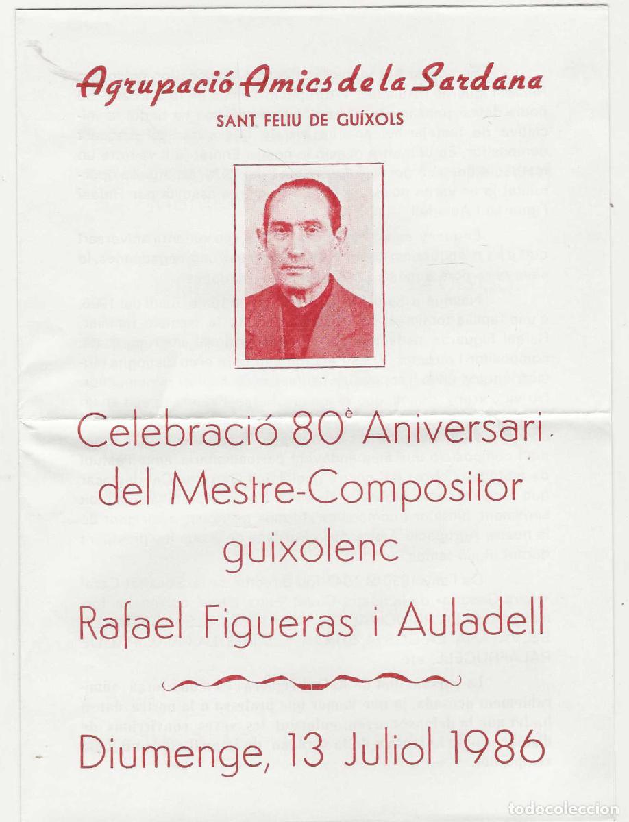 Coleccionismo: AGRUPACI&Oacute; AMICS DE LA SARDANA S. FELIU DE GU&Iacute;XOLS -- 80&egrave; ANIVERSARI DE RAFAEL FIGUERAS I AULADELL