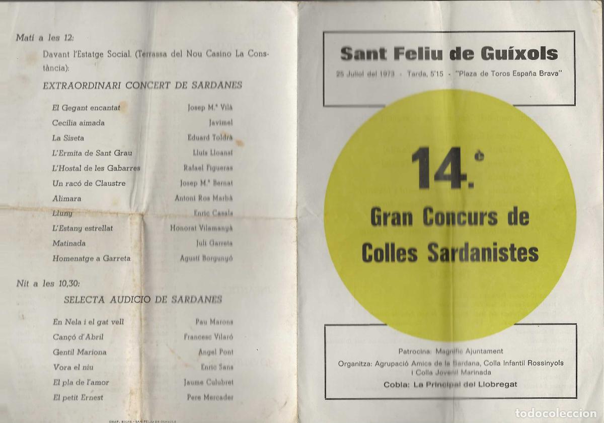 Coleccionismo: 14&egrave; GRAN CONCURS DE COLLES SARDANISTES -- SANT FELIU DE GU&Iacute;XOLS 1973