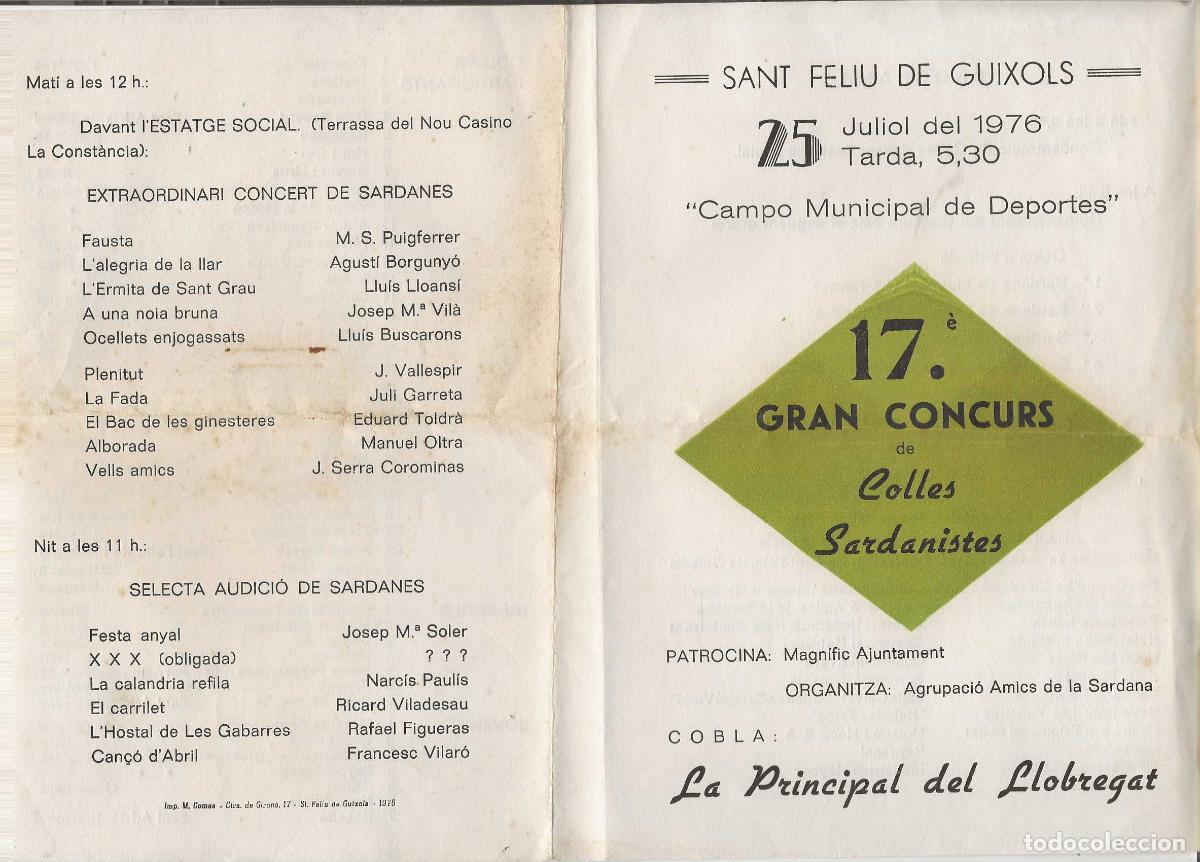 Coleccionismo: 17&egrave; GRAN CONCURS DE COLLES SARDANISTES -- SANT FELIU DE GU&Iacute;XOLS 1976
