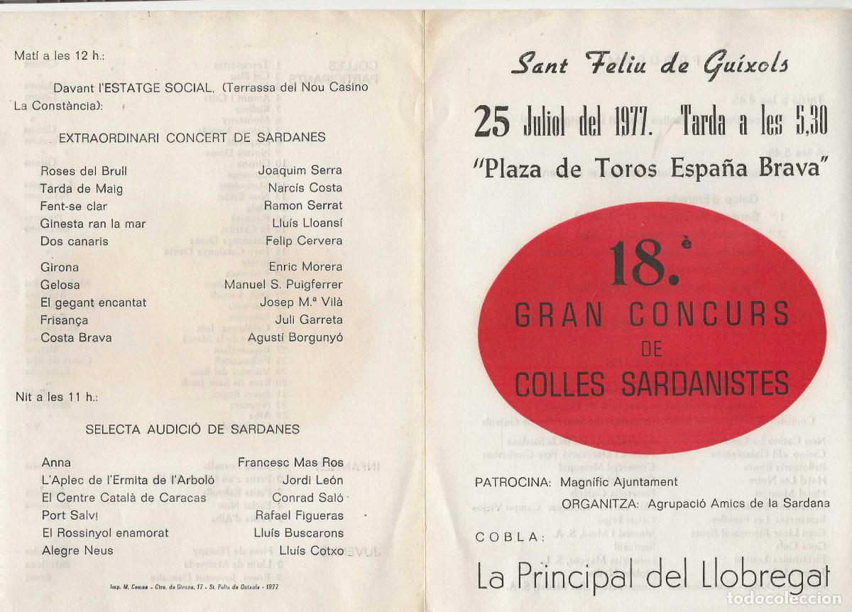 Coleccionismo: 18&egrave; GRAN CONCURS DE COLLES SARDANISTES -- SANT FELIU DE GU&Iacute;XOLS 1977
