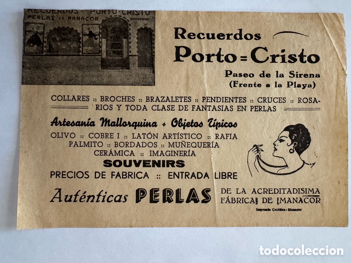 Coleccionismo: Publicidad antigua Porto Cristo Mallorca perlas Manacor a&ntilde;os 50-60