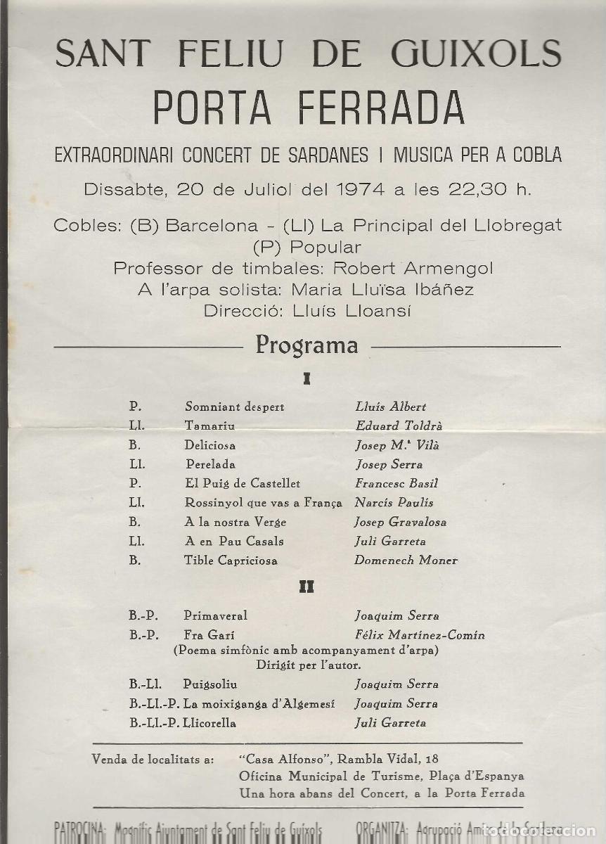 Coleccionismo: SANT FELIU DE GU&Iacute;XOLS PORTA FERRADA -- EXTRAORDINARI CONCERT DE SARDANES I M&Uacute;SICA DE COBLA